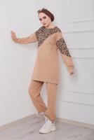 Tesettür giyim KAHVE LEOPAR DESEN DETAYLI İKİLİ PANT. TAKIM 6386 