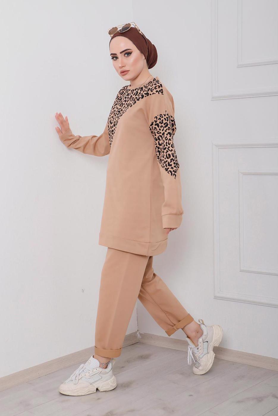 Tesettür giyim KAHVE LEOPAR DESEN DETAYLI İKİLİ PANT. TAKIM 6386 