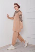 Tesettür giyim KAHVE LEOPAR DESEN DETAYLI İKİLİ PANT. TAKIM 6386 