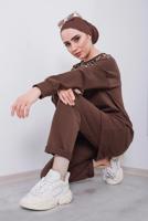 Tesettür giyim KAHVE LEOPAR DESEN DETAYLI İKİLİ PANT. TAKIM 6386 