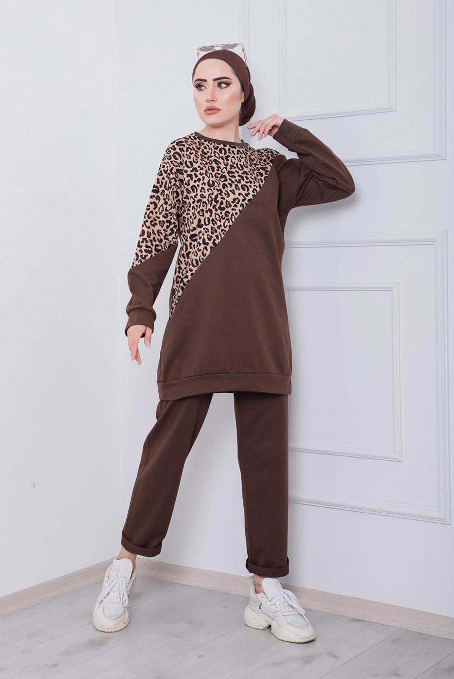 Tesettür giyim KAHVE LEOPAR DESEN DETAYLI İKİLİ PANT. TAKIM 6386 