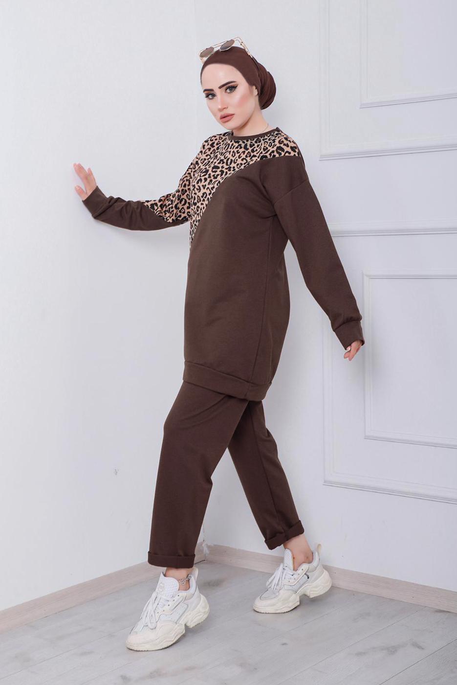 Tesettür giyim KAHVE LEOPAR DESEN DETAYLI İKİLİ PANT. TAKIM 6386 