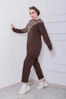 Tesettür giyim KAHVE LEOPAR DESEN DETAYLI İKİLİ PANT. TAKIM 6386 