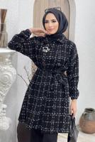 Tesettür giyim SİYAH BELİ KUŞAKLI EKOSE DESEN 2&prime;Lİ PANT. TAKIM 6520 