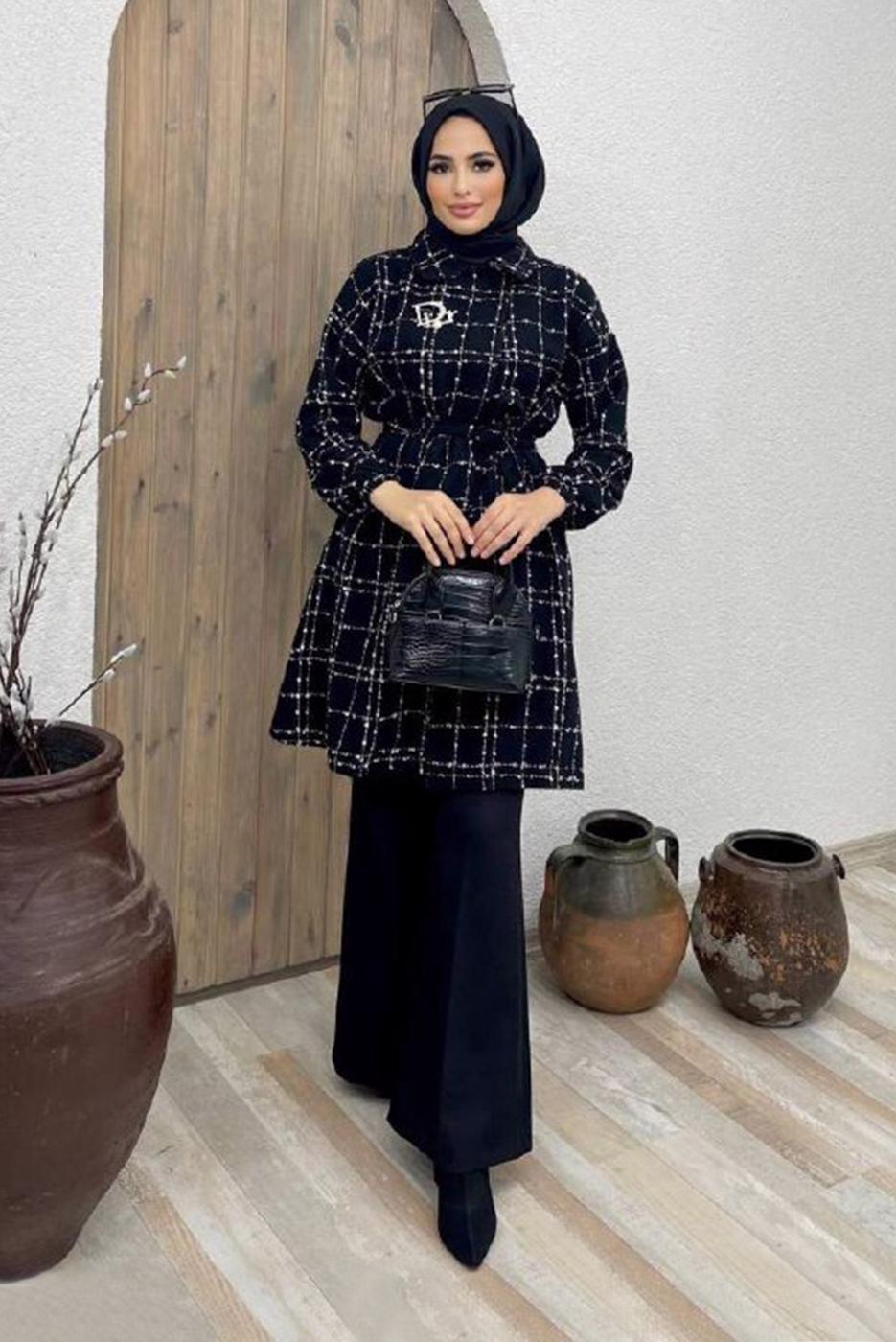 Tesettür giyim SİYAH BELİ KUŞAKLI EKOSE DESEN 2&prime;Lİ PANT. TAKIM 6520 