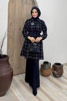 Tesettür giyim SİYAH BELİ KUŞAKLI EKOSE DESEN 2&prime;Lİ PANT. TAKIM 6520 