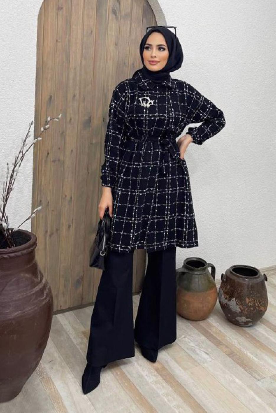 Tesettür giyim SİYAH BELİ KUŞAKLI EKOSE DESEN 2&prime;Lİ PANT. TAKIM 6520 