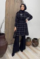 Tesettür giyim SİYAH BELİ KUŞAKLI EKOSE DESEN 2&prime;Lİ PANT. TAKIM 6520 