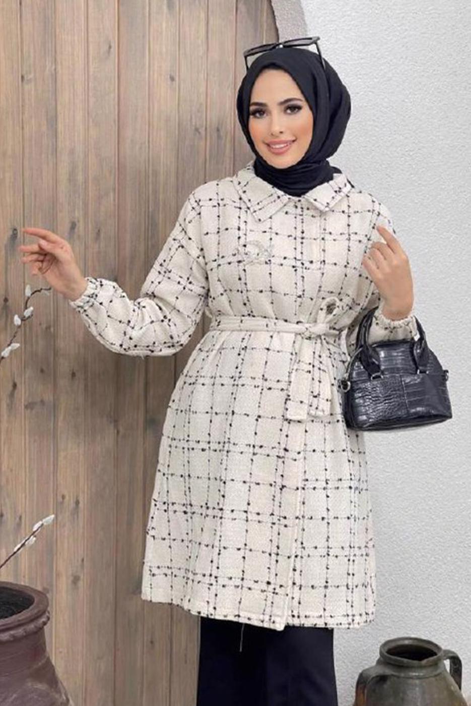 Tesettür giyim BEYAZ BELİ KUŞAKLI EKOSE DESEN 2&prime;Lİ PANT. TAKIM 6520 