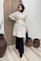 Tesettür giyim BEYAZ BELİ KUŞAKLI EKOSE DESEN 2&prime;Lİ PANT. TAKIM 6520 