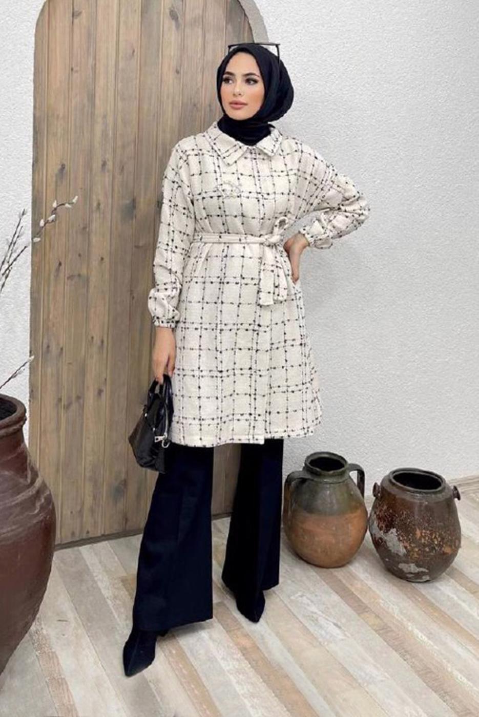 Tesettür giyim BEYAZ BELİ KUŞAKLI EKOSE DESEN 2&prime;Lİ PANT. TAKIM 6520 