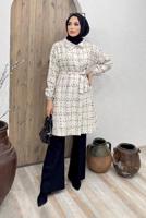 Tesettür giyim BEYAZ BELİ KUŞAKLI EKOSE DESEN 2&prime;Lİ PANT. TAKIM 6520 