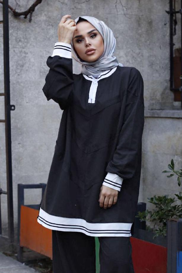 Tesettür giyim  KOLLARI VE ETEK UCU LASTİKLİ İKİLİ PANT. TAKIM 7007  - TRENDTESETTÜR