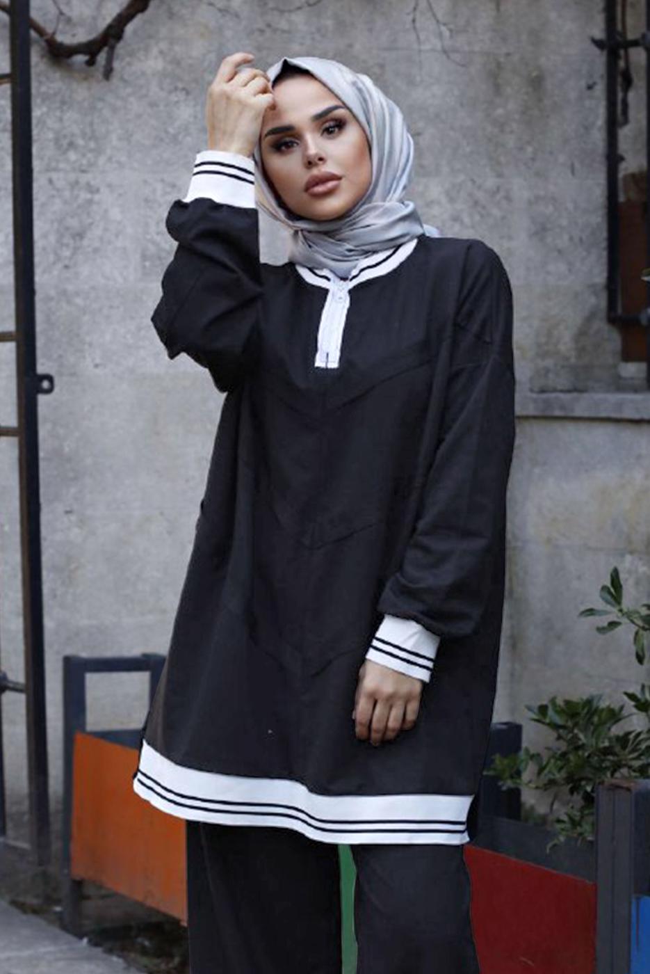 Vêtements hijab NOIR COSTUME PANTALON 2 PIÈCES AVEC POIGNETS ÉLASTIQUES 7007