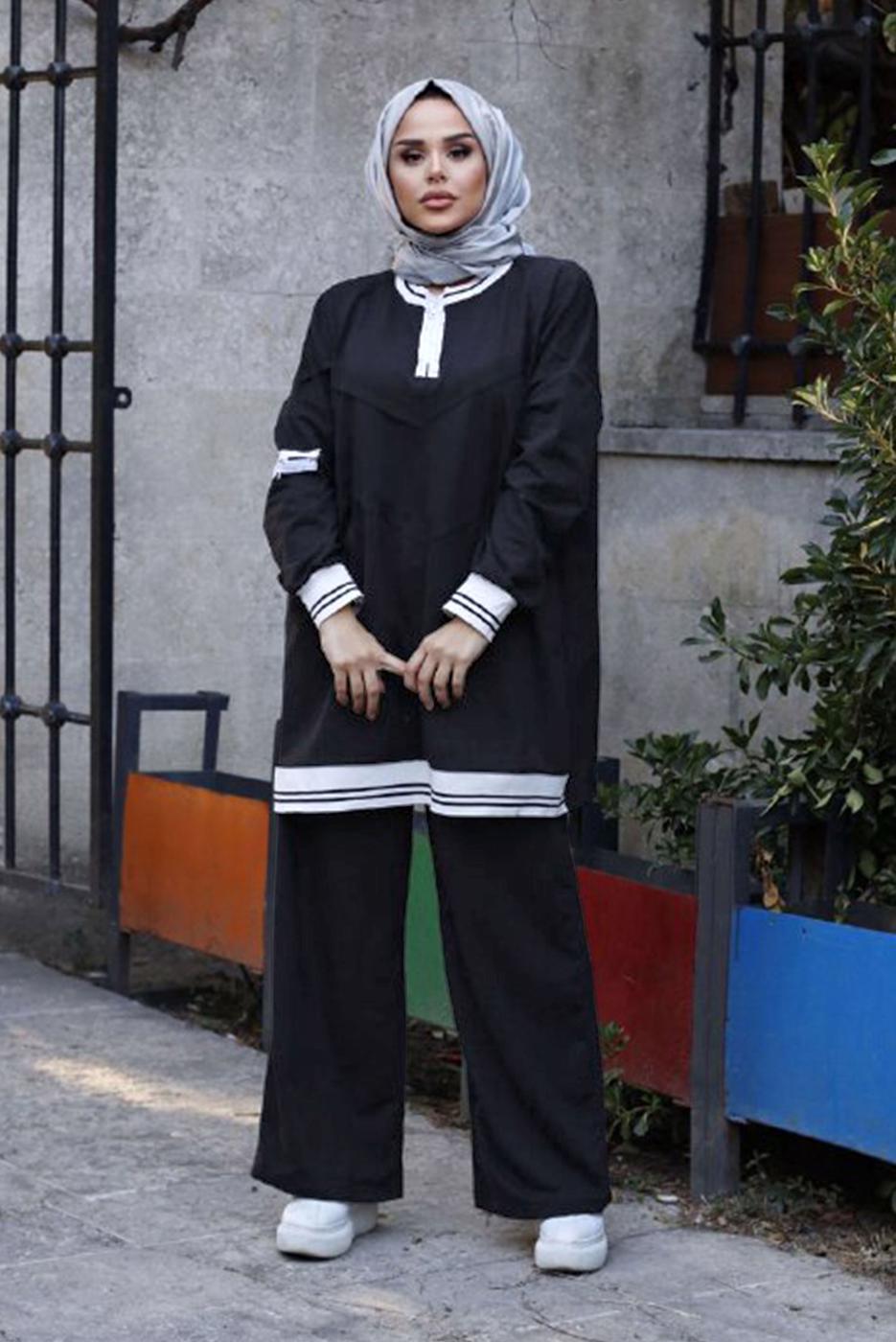 Vêtements hijab NOIR COSTUME PANTALON 2 PIÈCES AVEC POIGNETS ÉLASTIQUES 7007