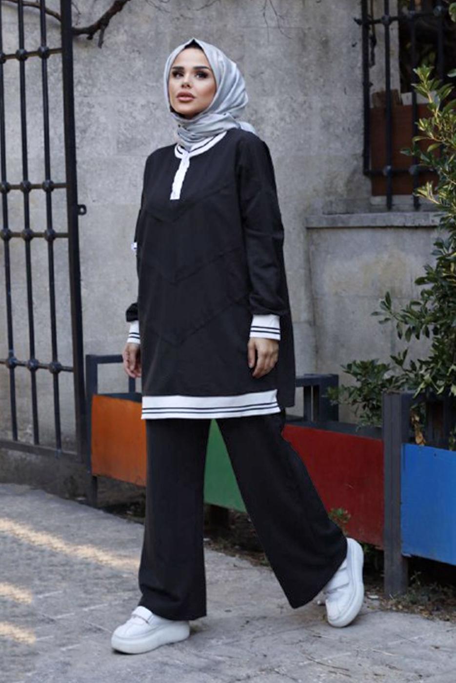 Vêtements hijab NOIR COSTUME PANTALON 2 PIÈCES AVEC POIGNETS ÉLASTIQUES 7007