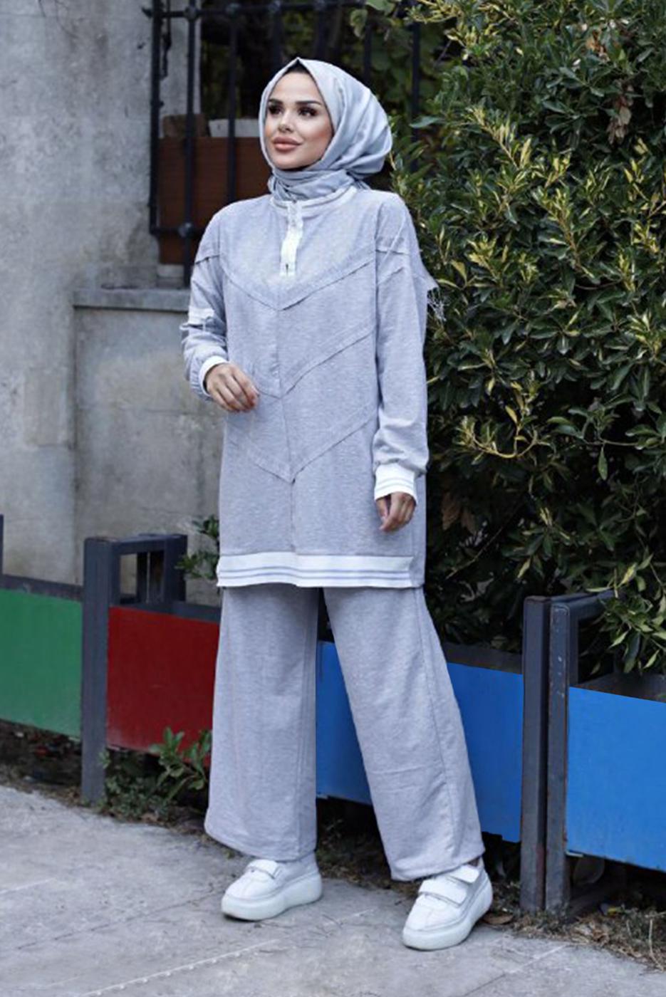 Vêtements hijab GRIS COSTUME PANTALON 2 PIÈCES AVEC POIGNETS ÉLASTIQUES 7007