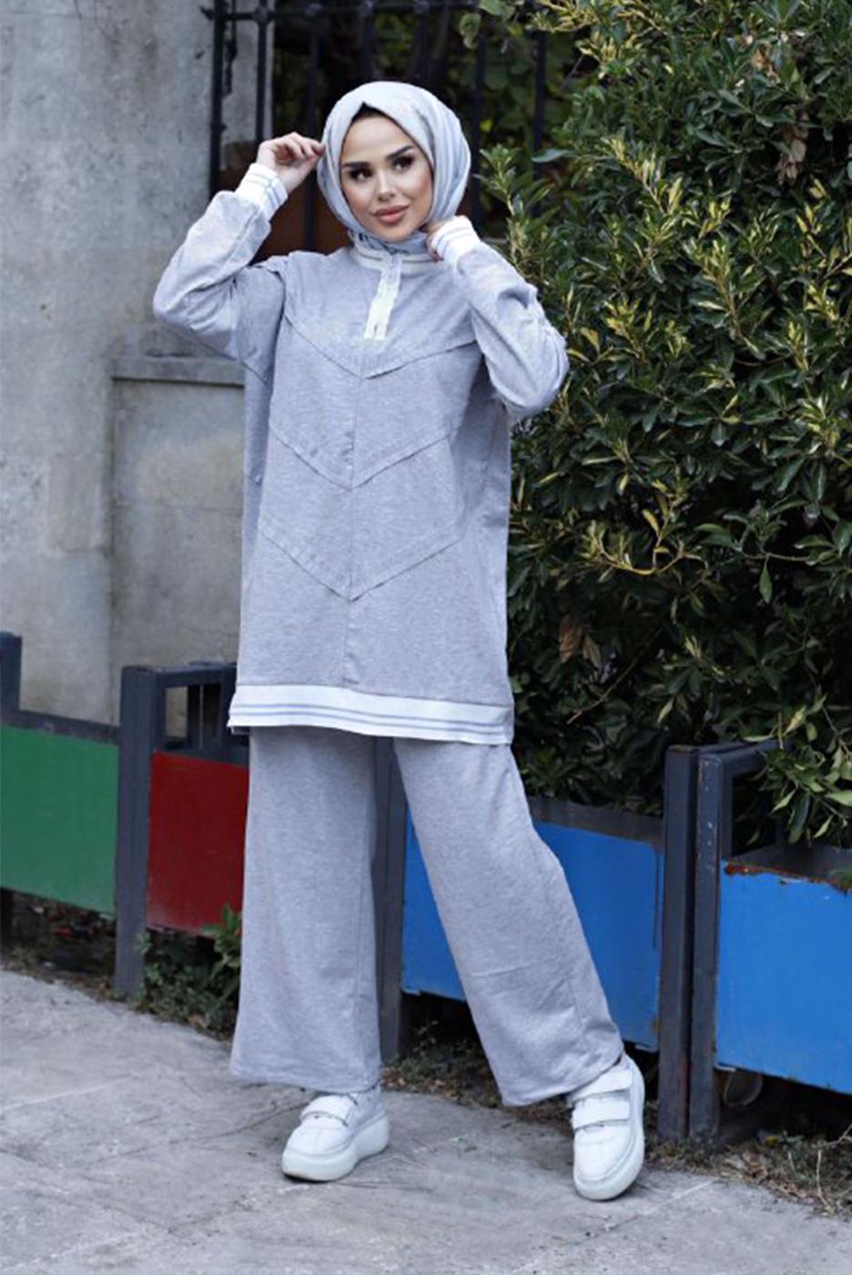 Vêtements hijab GRIS COSTUME PANTALON 2 PIÈCES AVEC POIGNETS ÉLASTIQUES 7007