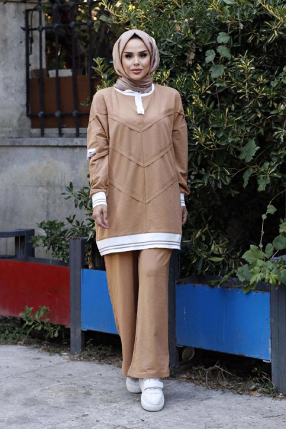Hijab clothing BROWN 2-PIECE PANTS SUIT WITH ELASTIC CUFFS 7007 