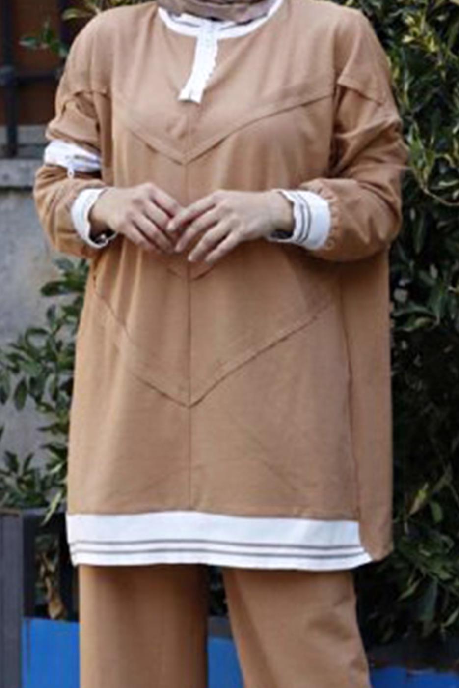 Hijab clothing BROWN 2-PIECE PANTS SUIT WITH ELASTIC CUFFS 7007 