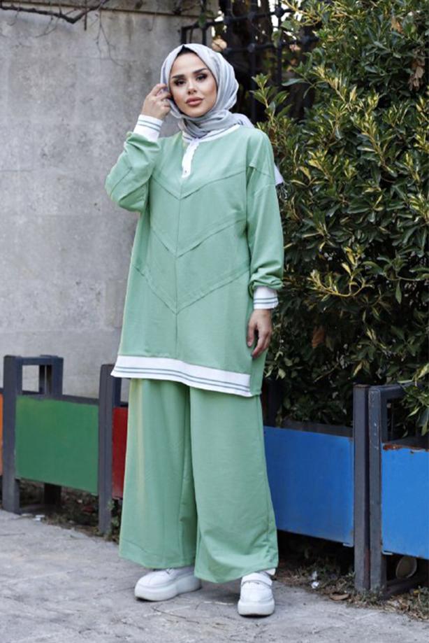 Tesettür giyim  KOLLARI VE ETEK UCU LASTİKLİ İKİLİ PANT. TAKIM 7007  - TRENDTESETTÜR