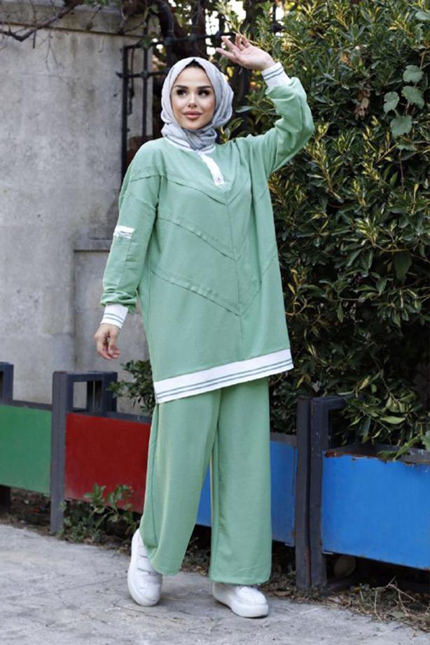 Tesettür giyim  KOLLARI VE ETEK UCU LASTİKLİ İKİLİ PANT. TAKIM 7007  - TRENDTESETTÜR