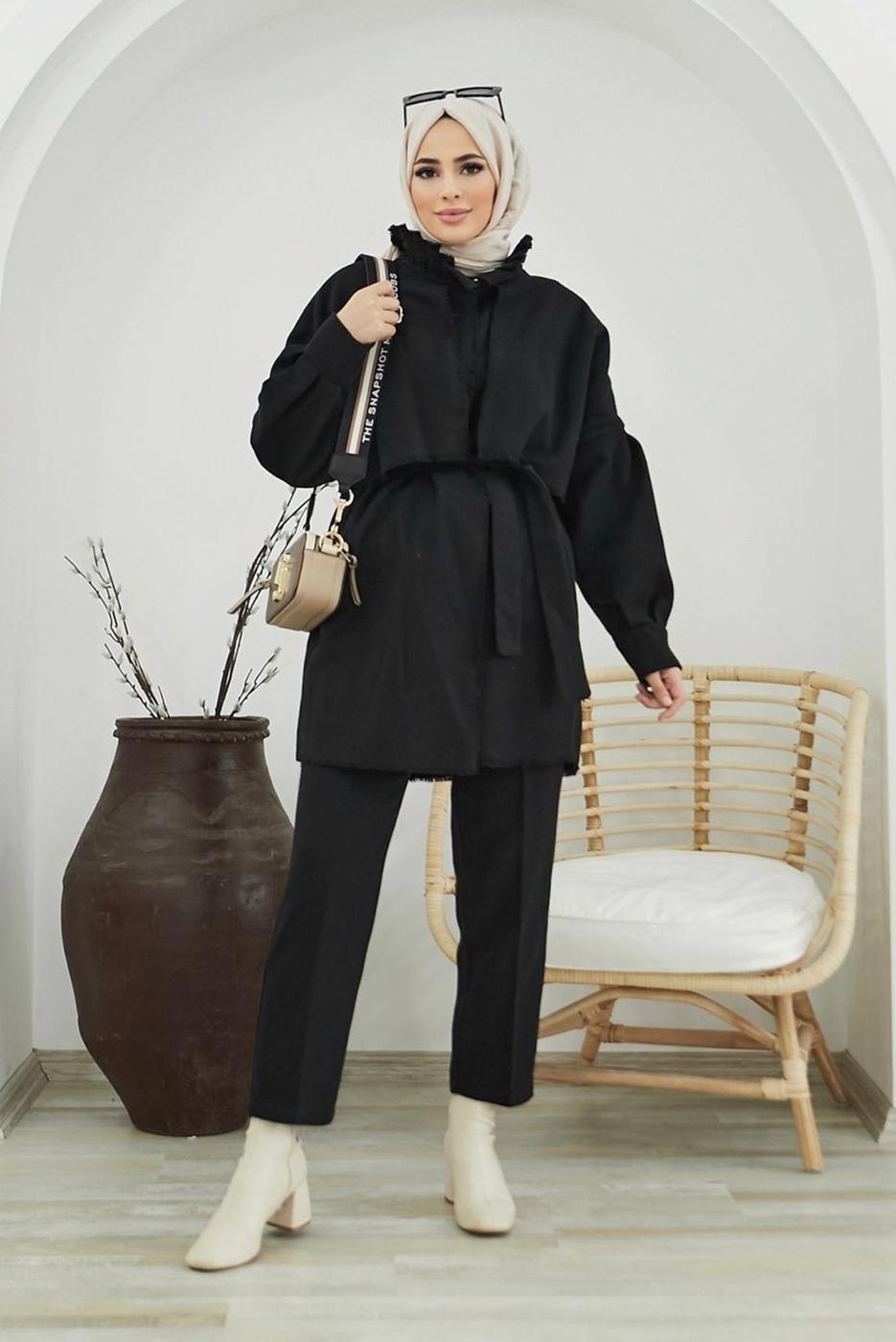 Tesettür giyim SİYAH YAKA DETAYLI KUŞAKLI İKİLİ PANT. TAKIM 7030 