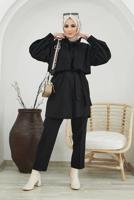 Tesettür giyim SİYAH YAKA DETAYLI KUŞAKLI İKİLİ PANT. TAKIM 7030 