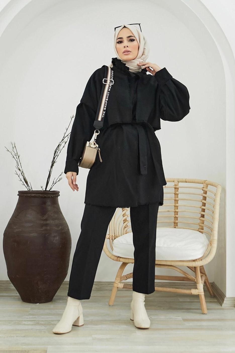Tesettür giyim SİYAH YAKA DETAYLI KUŞAKLI İKİLİ PANT. TAKIM 7030 