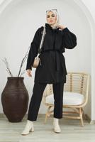 Tesettür giyim SİYAH YAKA DETAYLI KUŞAKLI İKİLİ PANT. TAKIM 7030 