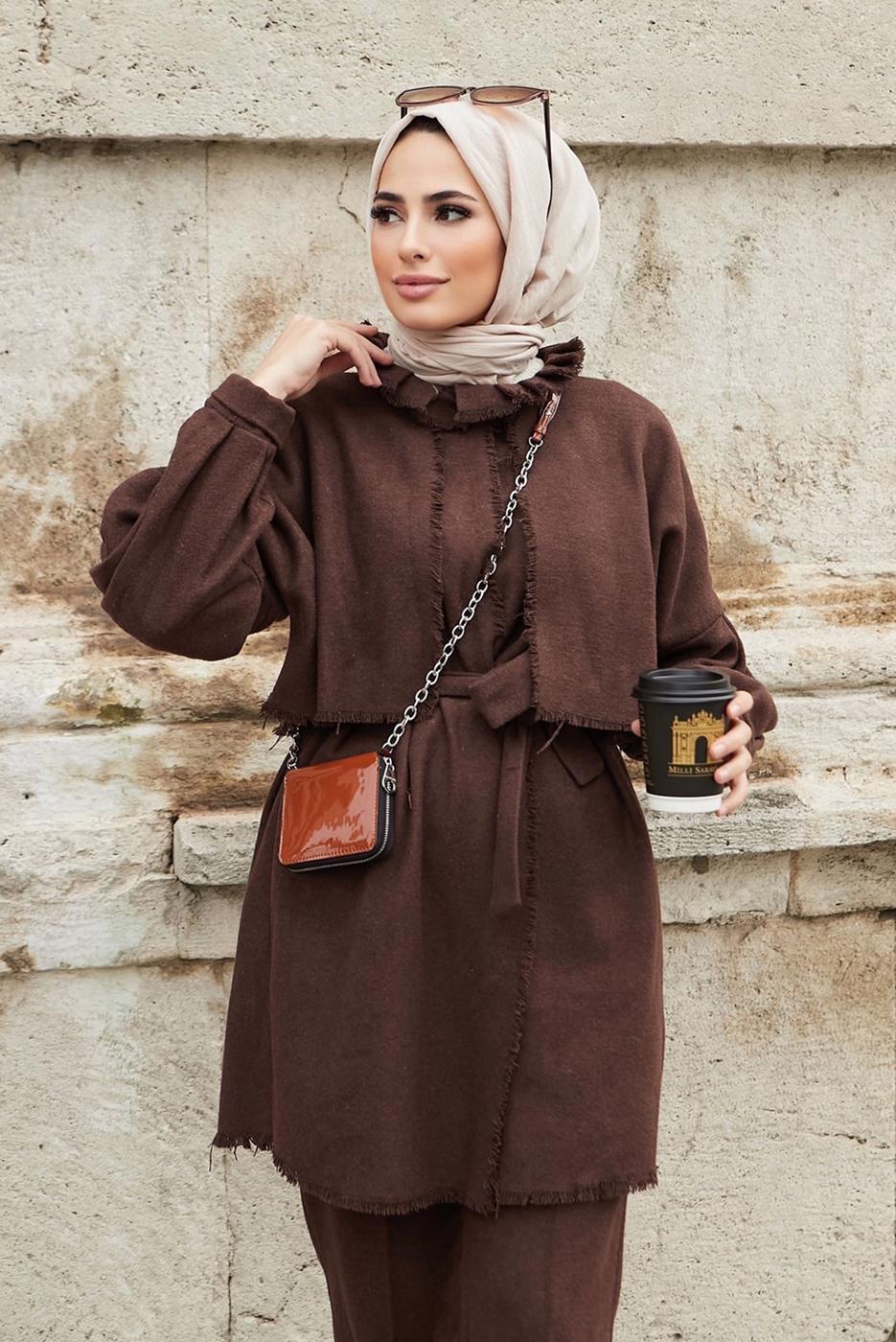 Tesettür giyim KAHVE YAKA DETAYLI KUŞAKLI İKİLİ PANT. TAKIM 7030 