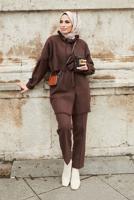 Tesettür giyim KAHVE YAKA DETAYLI KUŞAKLI İKİLİ PANT. TAKIM 7030 