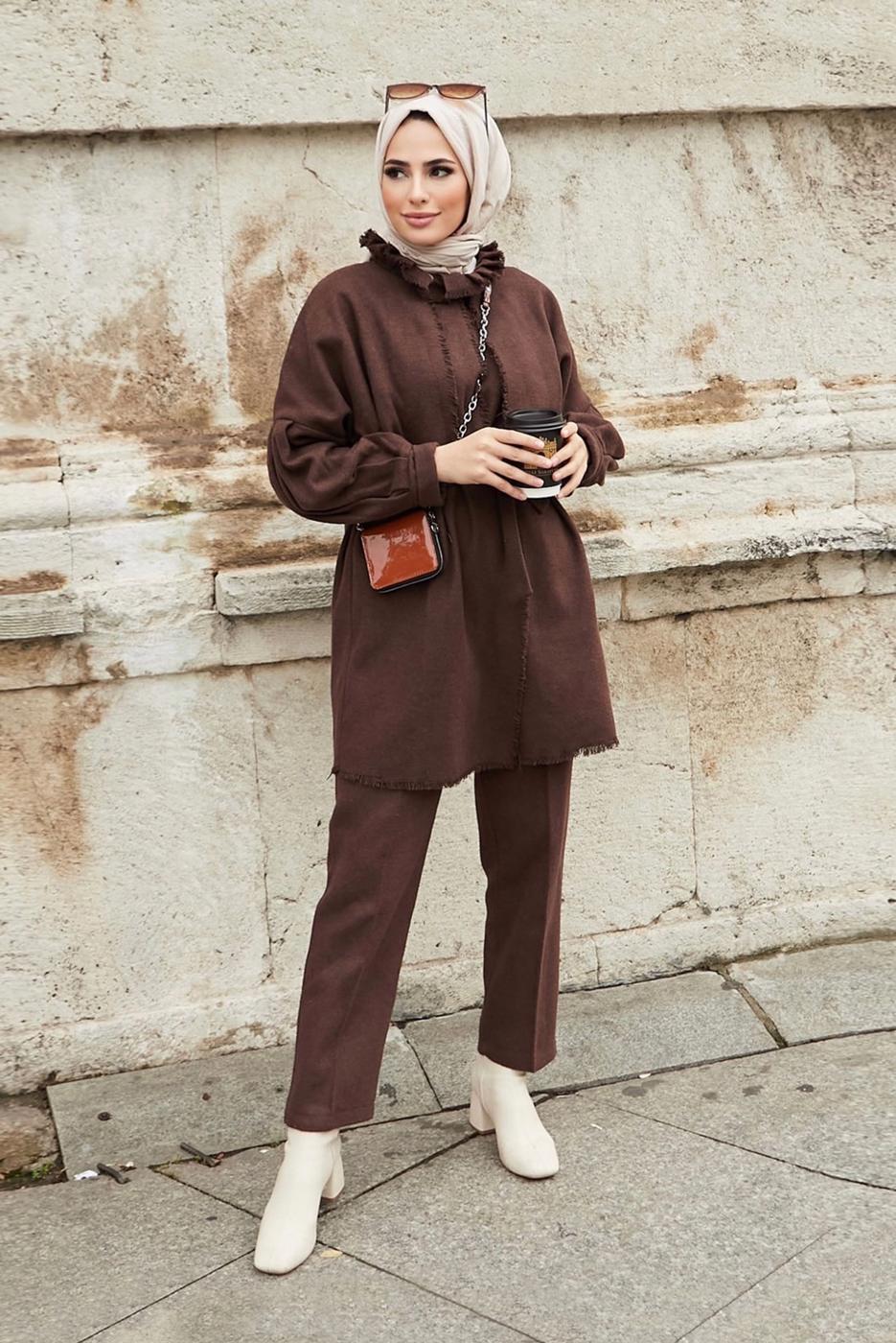 Tesettür giyim KAHVE YAKA DETAYLI KUŞAKLI İKİLİ PANT. TAKIM 7030 