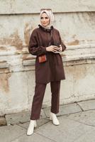 Tesettür giyim KAHVE YAKA DETAYLI KUŞAKLI İKİLİ PANT. TAKIM 7030 