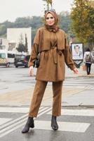 Tesettür giyim KAHVE YAKA DETAYLI KUŞAKLI İKİLİ PANT. TAKIM 7030 