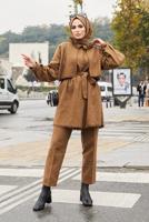 Tesettür giyim KAHVE YAKA DETAYLI KUŞAKLI İKİLİ PANT. TAKIM 7030 