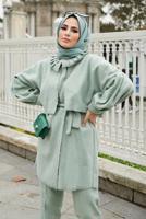 Tesettür giyim YEŞİL YAKA DETAYLI KUŞAKLI İKİLİ PANT. TAKIM 7030 