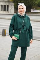 Tesettür giyim YEŞİL YAKA DETAYLI KUŞAKLI İKİLİ PANT. TAKIM 7030 