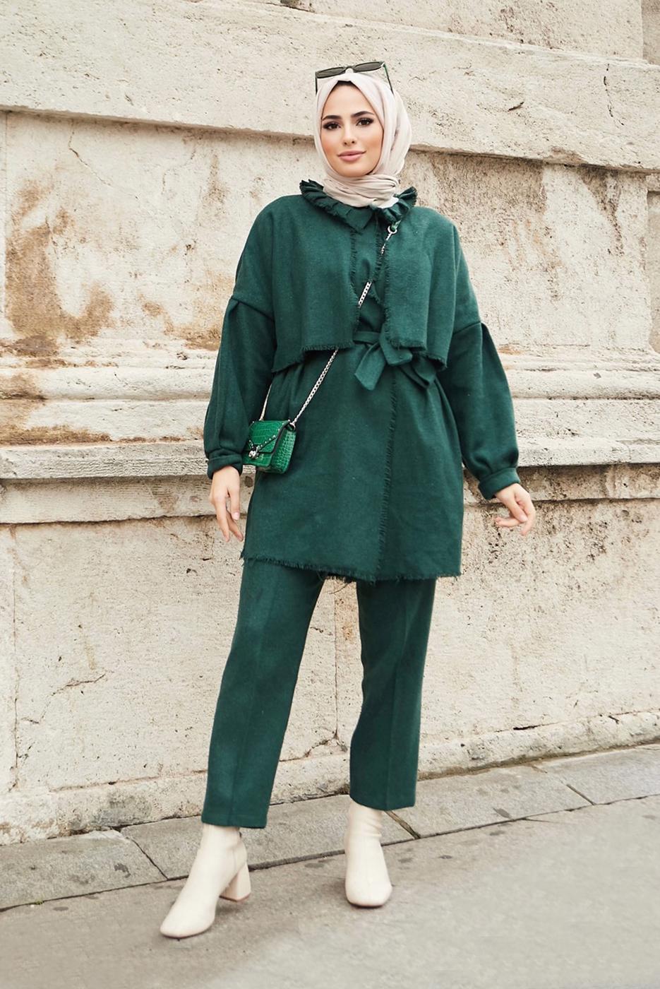 Tesettür giyim YEŞİL YAKA DETAYLI KUŞAKLI İKİLİ PANT. TAKIM 7030 