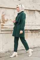 Tesettür giyim YEŞİL YAKA DETAYLI KUŞAKLI İKİLİ PANT. TAKIM 7030 