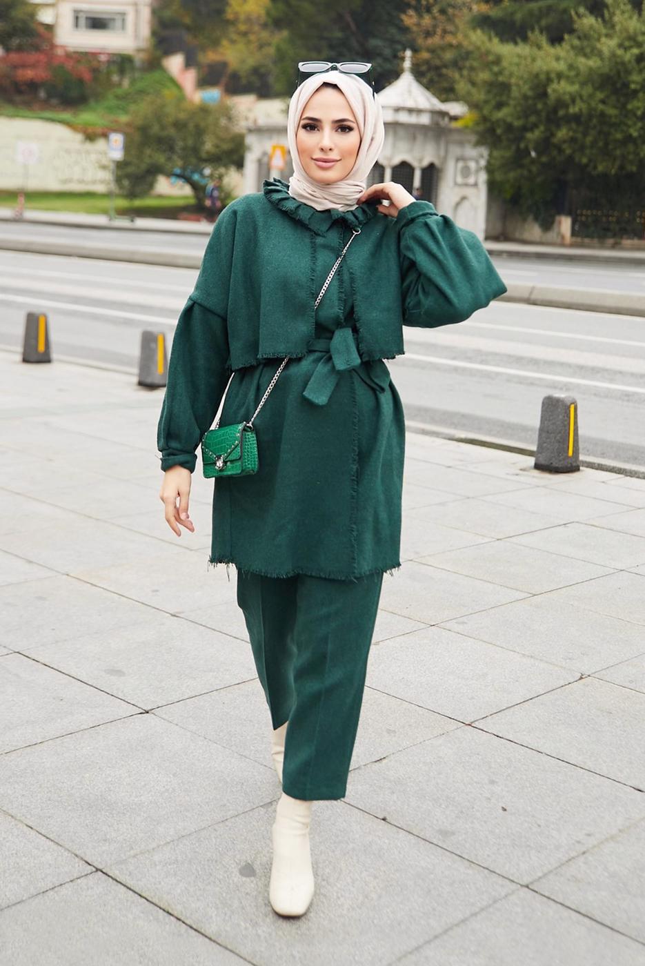 Tesettür giyim YEŞİL YAKA DETAYLI KUŞAKLI İKİLİ PANT. TAKIM 7030 