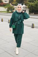 Tesettür giyim YEŞİL YAKA DETAYLI KUŞAKLI İKİLİ PANT. TAKIM 7030 