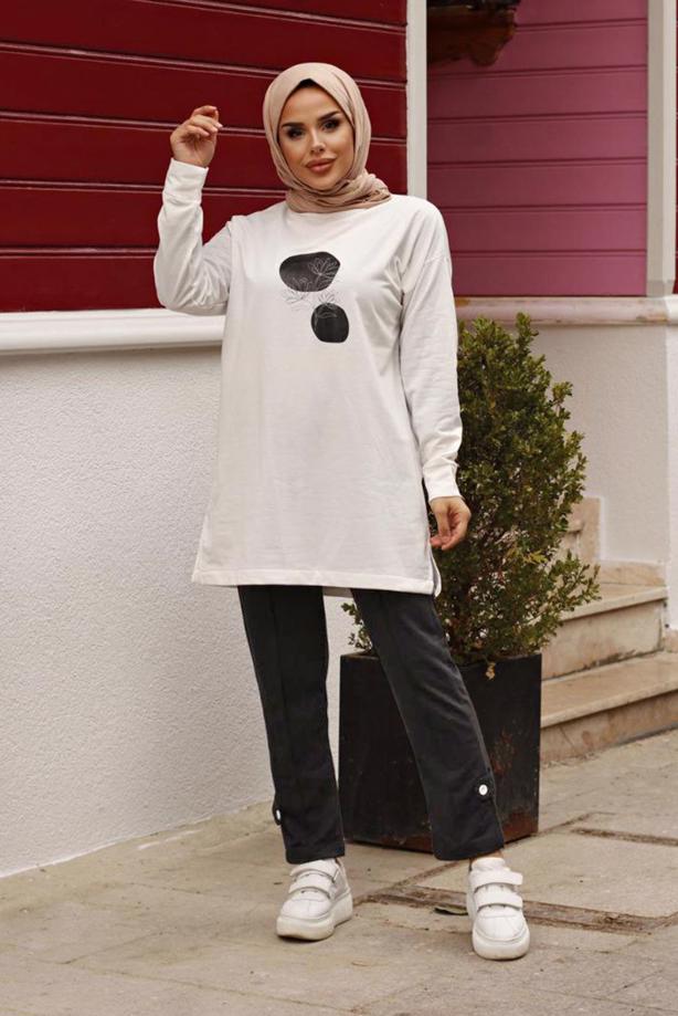 Vêtements hijab  PRINT DETAIL 2-PIECE SUIT WITH PANTS 7107 - TRENDTESETTÜR