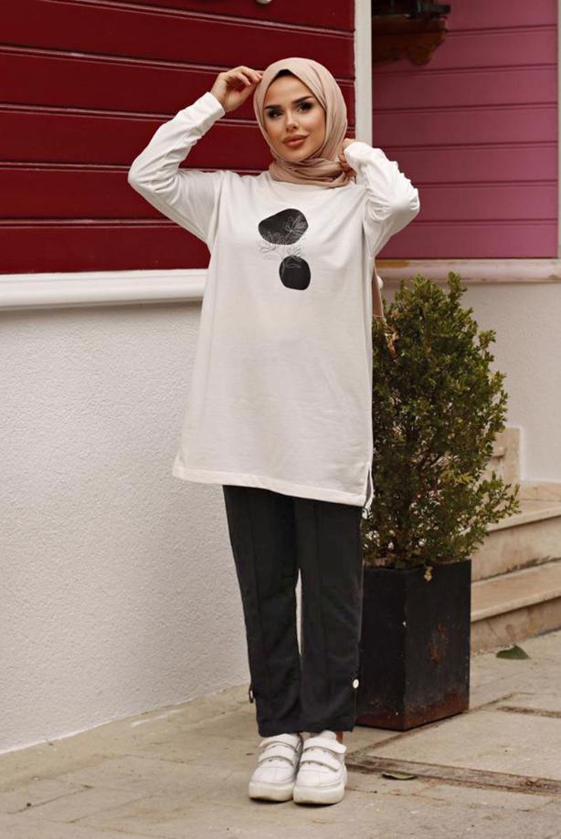 Tesettür giyim  BASKI DETAYLI İKİLİ PANTOLONLU TAKIM 7107  - TRENDTESETTÜR