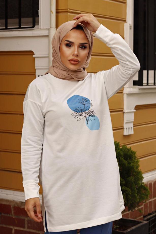 Vêtements hijab  PRINT DETAIL 2-PIECE SUIT WITH PANTS 7107 - TRENDTESETTÜR