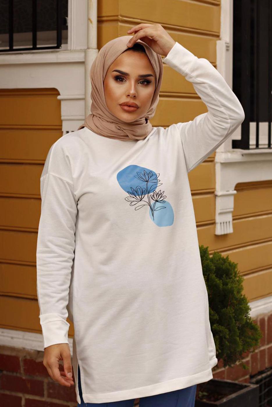 Hijab clothing NAVY BLUE PRINT DETAIL 2-PIECE SUIT WITH PANTS 7107