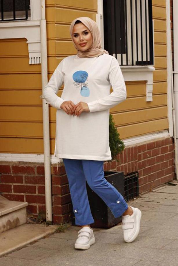 Vêtements hijab  PRINT DETAIL 2-PIECE SUIT WITH PANTS 7107 - TRENDTESETTÜR