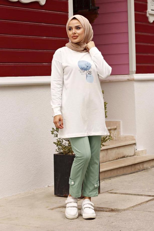 Tesettür giyim  BASKI DETAYLI İKİLİ PANTOLONLU TAKIM 7107  - TRENDTESETTÜR