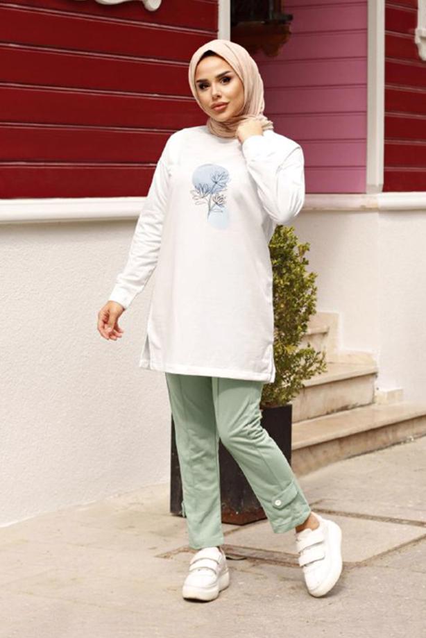 Vêtements hijab  PRINT DETAIL 2-PIECE SUIT WITH PANTS 7107 - TRENDTESETTÜR