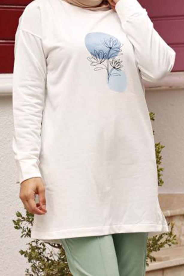 Tesettür giyim  BASKI DETAYLI İKİLİ PANTOLONLU TAKIM 7107  - TRENDTESETTÜR